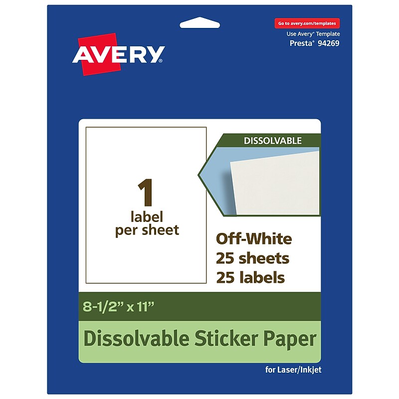 Avery Dissolvable Rectangle Multipurpose Labels, 8.5" x 11", Off-white, 25/Pack (94269) image 1