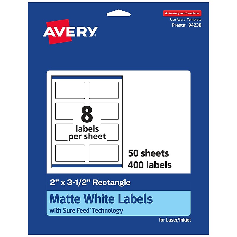 Avery Laser/Inkjet Rectangle Multipurpose Labels, 2" x 3.5", Matte White, 400 Labels/Box (94238) image 1