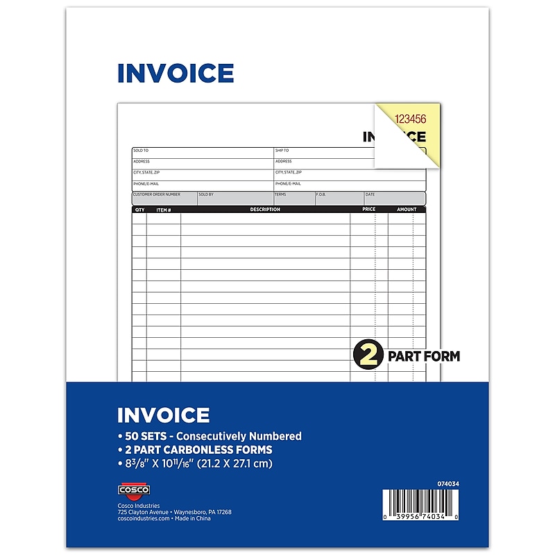 Cosco 2-Part Carbonless Invoices, 8.38" x 10.69", 50 Sets/Book, 5/Pack (074034PK5) image 1