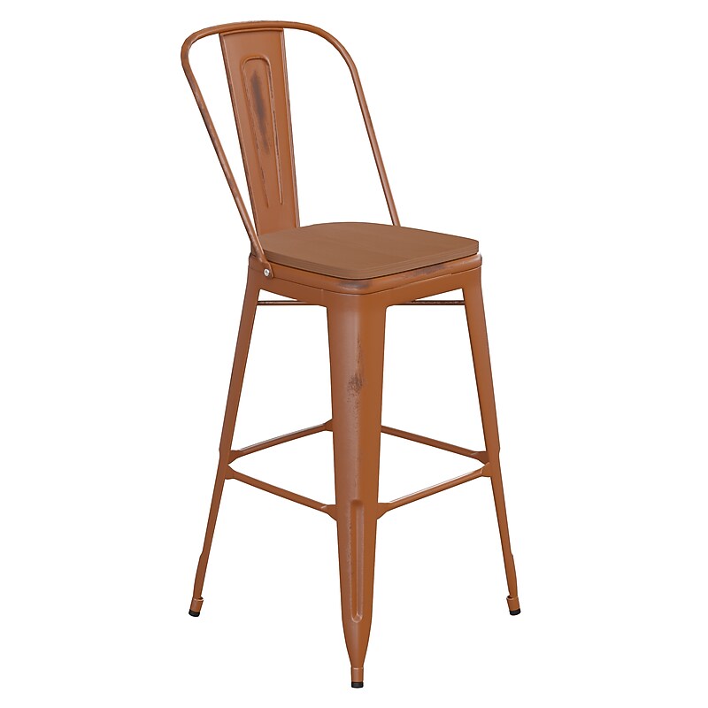 Flash Furniture Carly Indoor-Outdoor Bar Height Stool with Back, Orange with Teak Seat (ET353430ORPL1T) image 1