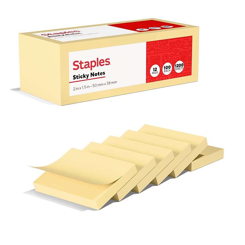 Staples Recycled Sticky Notes, 2" x 1 1/2", Sunshine Collection, 100 Sheets/Pad, 12 Pads/Pack (S152YR/1252554) image 1