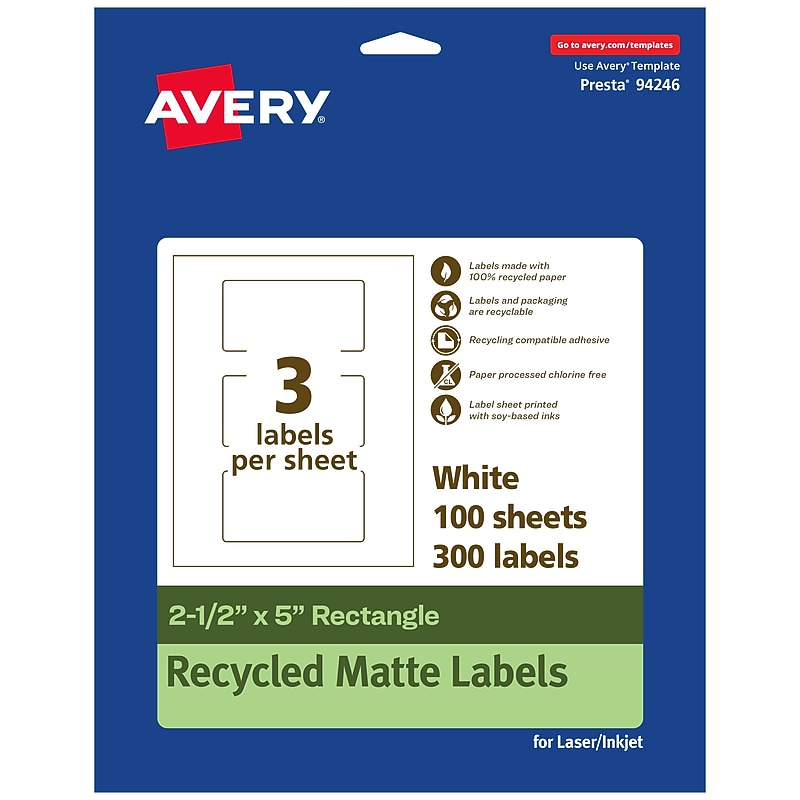 Avery EcoFriendly Laser/Inkjet Rectangle Multipurpose Labels, 2-1/2" x 5", White, 300/Box (94246) image 1
