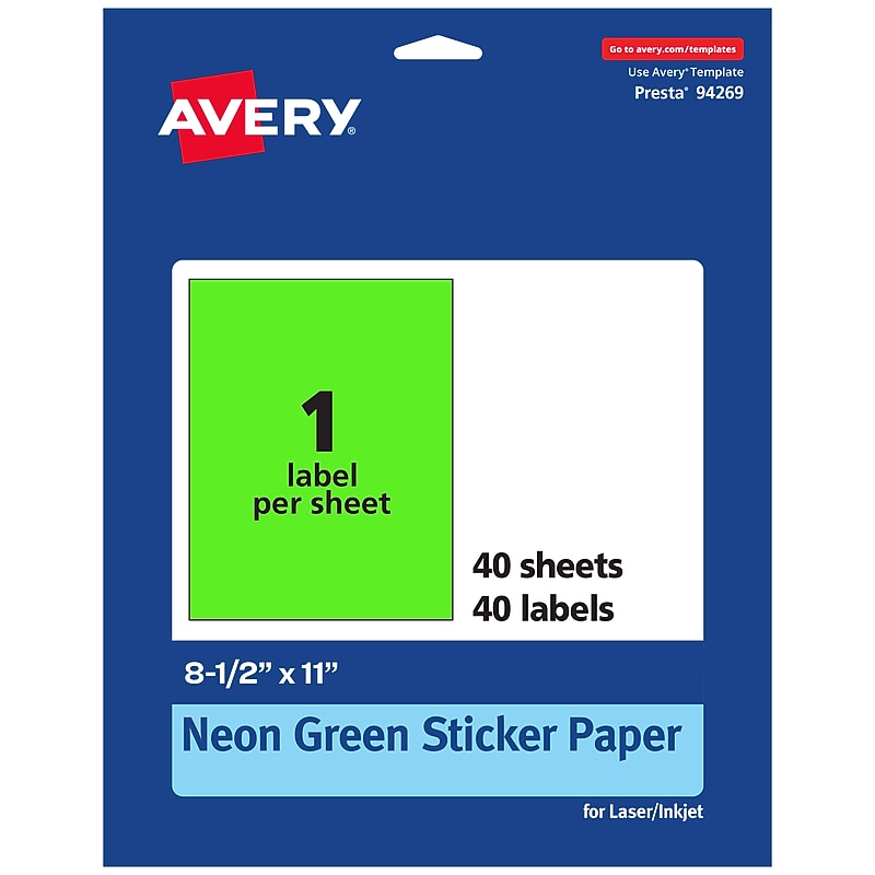 Avery Laser/Inkjet Multipurpose Rectangle Labels, 8.5" x 11", Neon Green, 40/Pack (94269) image 1