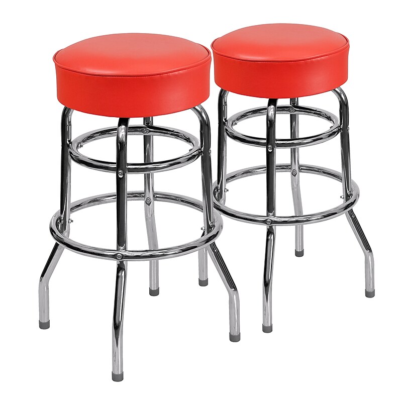 Flash Furniture Bruno Traditional Metal Double Ring Barstool without Back, Chrome/Red, 2-Pieces/Pack (2XUD100RED) image 1