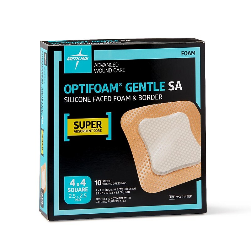 Medline Optifoam Gentle SA Sterile Adhesive Foam Dressings, 4" x 4", 10/Box, 10 Boxes/Carton (MSC2144EP) image 1