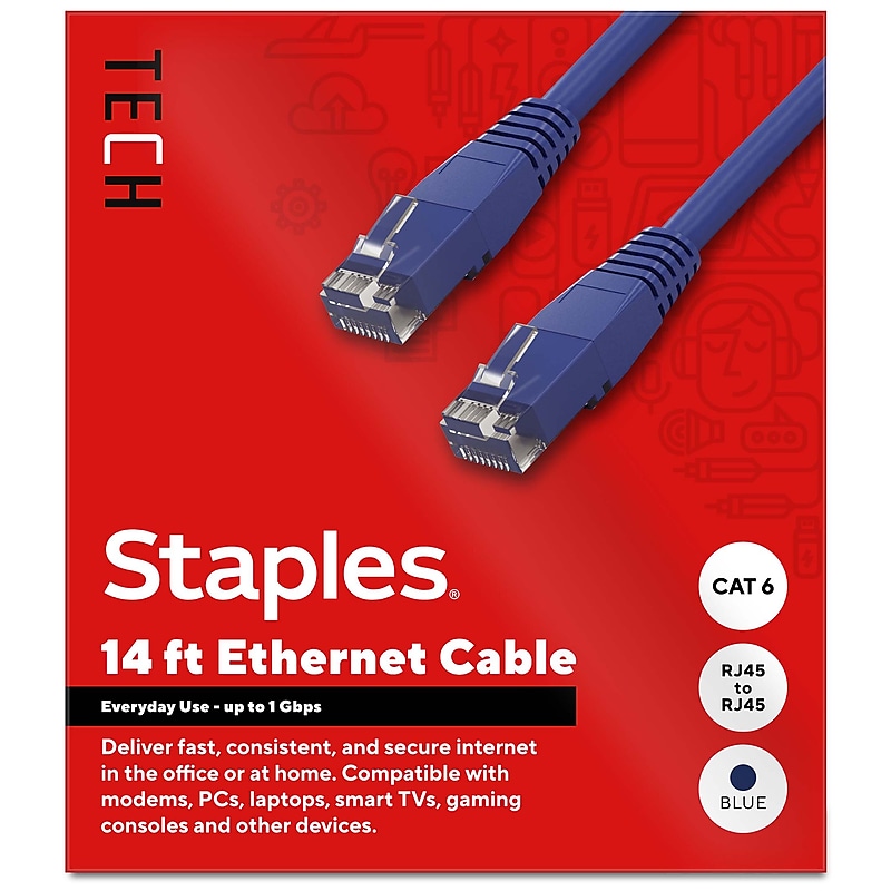 Staples TECH 14 ft. Cat-6 Ethernet Cable, Male to Male, Blue (ST62455) image 1