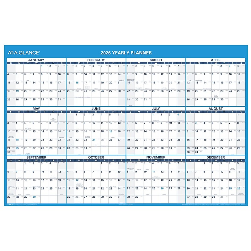 2026 AT-A-GLANCE 48" x 32" Yearly Dry Erase Wall Calendar, Reversible, White/Blue (PM300-28-26) image 1