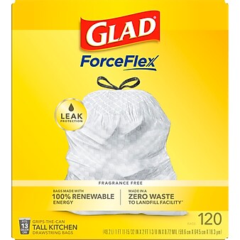 Glad ForceFlex Tall Kitchen Drawstring Trash Bags, 13 Gallon White Trash Bag, Unscented , 120/Box Each (78564)