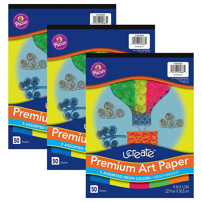 UCreate Premium Neon Art Paper Pad, 9" x 12", Neon Assorted Colors, 50 Sheets, 3/Bundle (PACCAR95663-3) image 1