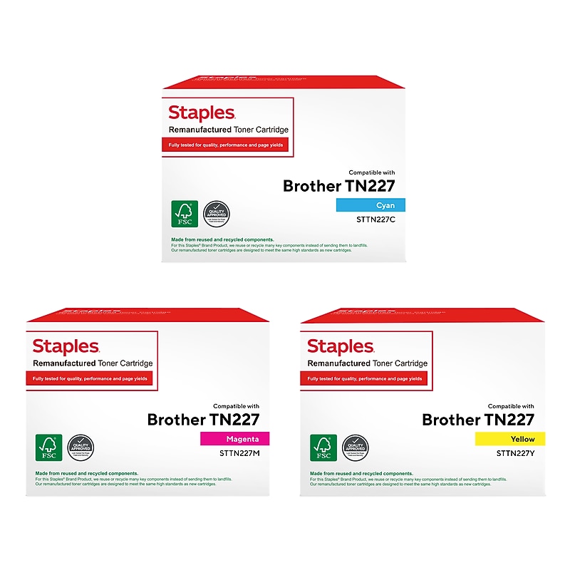 Staples Remanufactured STTN2273PK-VB Cyan/Magenta/Yellow High YieldToner Cartridge Replacement for Brother TN227, 3/Pack image 1