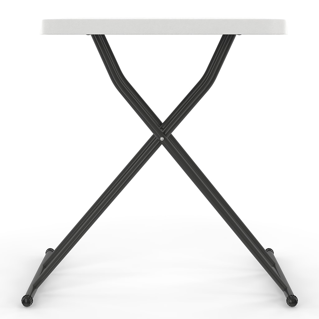 Front-right angle view of the folding table showing crossed legs