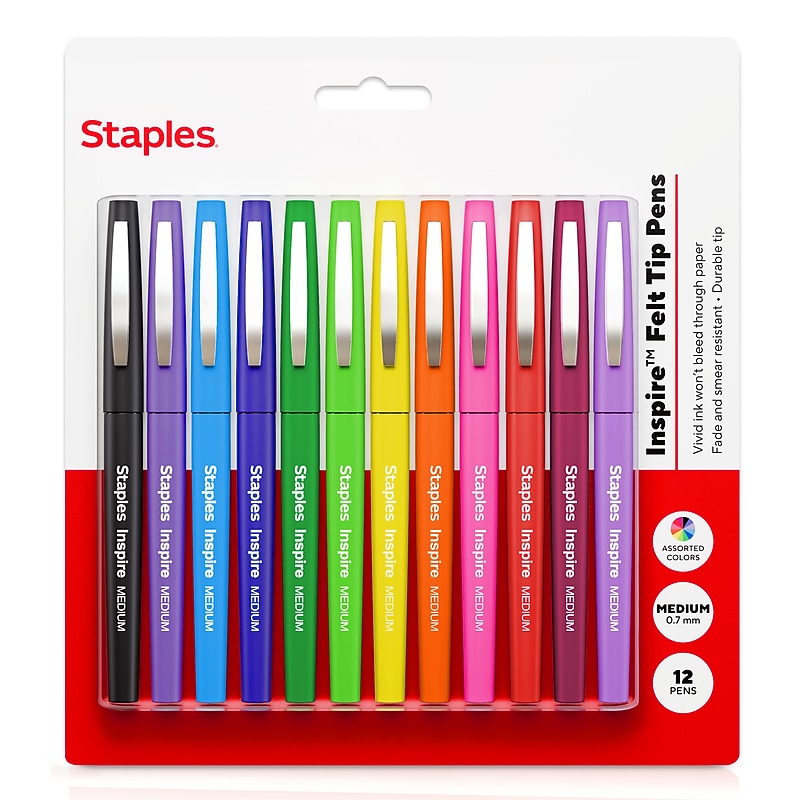 Staples Inspire Felt Tip Pen, Medium Point, 0.7mm, Assorted Ink, Dozen (ST63326) image 1