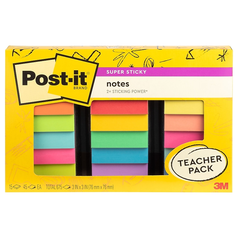 Post-it Teacher Pack Super Sticky Notes, 3" x 3", Assorted Collection, 45 Sheets/Pad, 15 Pads/Pack (654-15SSBTS-SR) image 1