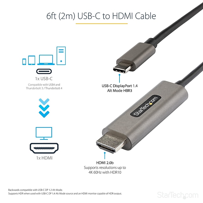 StarTech.com 6.6ft USB-C to HDMI Cable Adapter, 4K 60Hz Audio/Video Cord, Male to Male, Black (CDP2HDMM2MH) StarTech.com 6.6ft USB-C to HDMI Cable Adapter, 4K 60Hz Audio/Video Cord, Male to Male, Black (CDP2HDMM2MH)