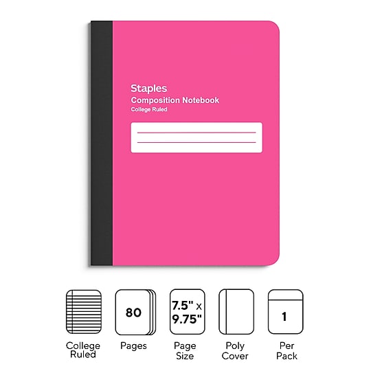 STAPLES Composition Notebook, 9.75” x 7.5”, College Ruled, 70 Sheets, Pink~#|#~1ACDD81D-07E2-4A15-A3E317097D6E4467_sc7