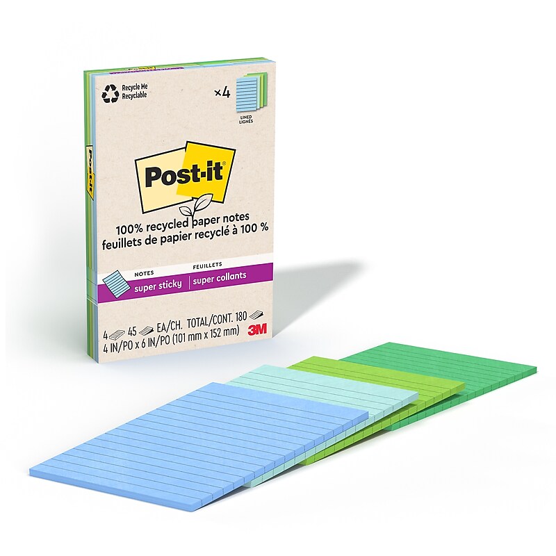 Post-it Recycled Super Sticky Notes, 4" x 6", Oasis Collection, 45 Sheets/Pad, 4 Pads/Pack (4621R-4SST) image 1