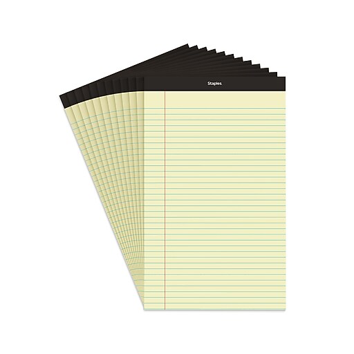 Staples Notepad, 8.5" x 14", Wide Ruled, Canary, 50 Sheets/Pad, Dozen