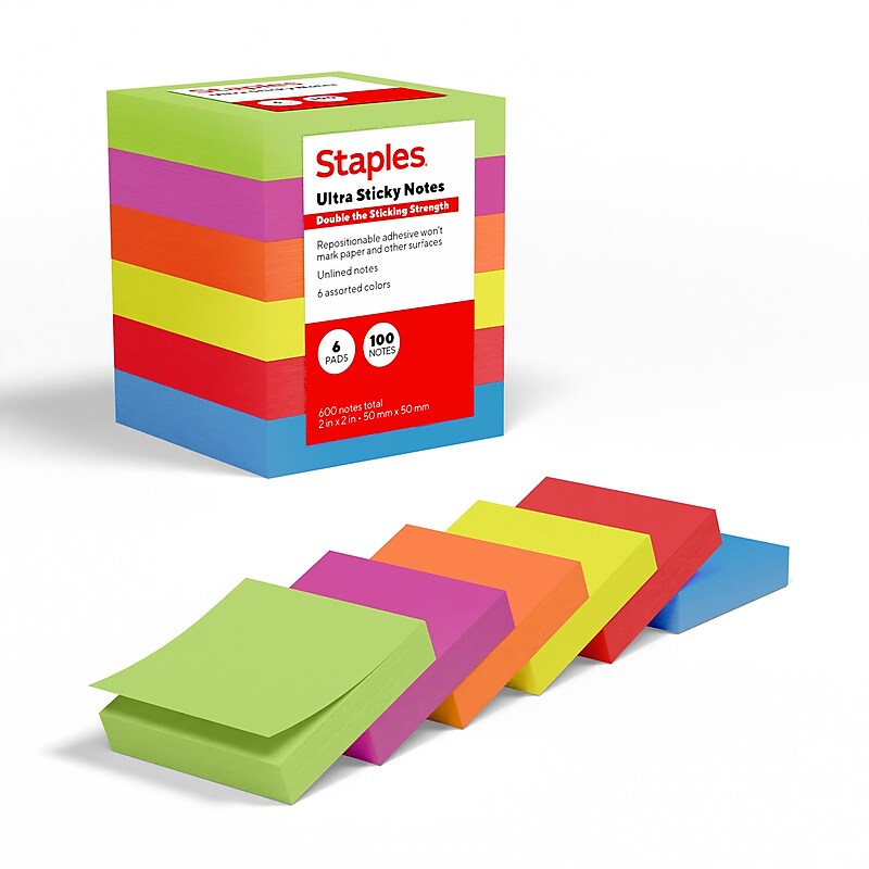 Staples Ultra Sticky Notes, 2" x 2", Summer Breeze Collection, 100 Sheets/Pad, 6 Pads/Pack (ST62880) image 1