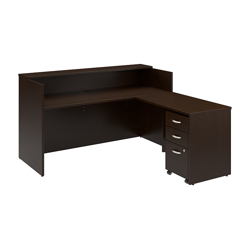 Bush Business Furniture Arrive 72"W L Shaped Reception Desk with Shelf and Mobile File Cabinet, Mocha Cherry (ARV007MR) image 1