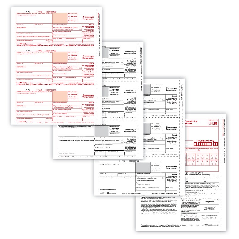 ComplyRight 2025 1099-NEC Tax Form, 3-Part, 3-Up, Copy A, B, C/2, 1096 Transmittal, 50/Pack (NEC6102) image 1