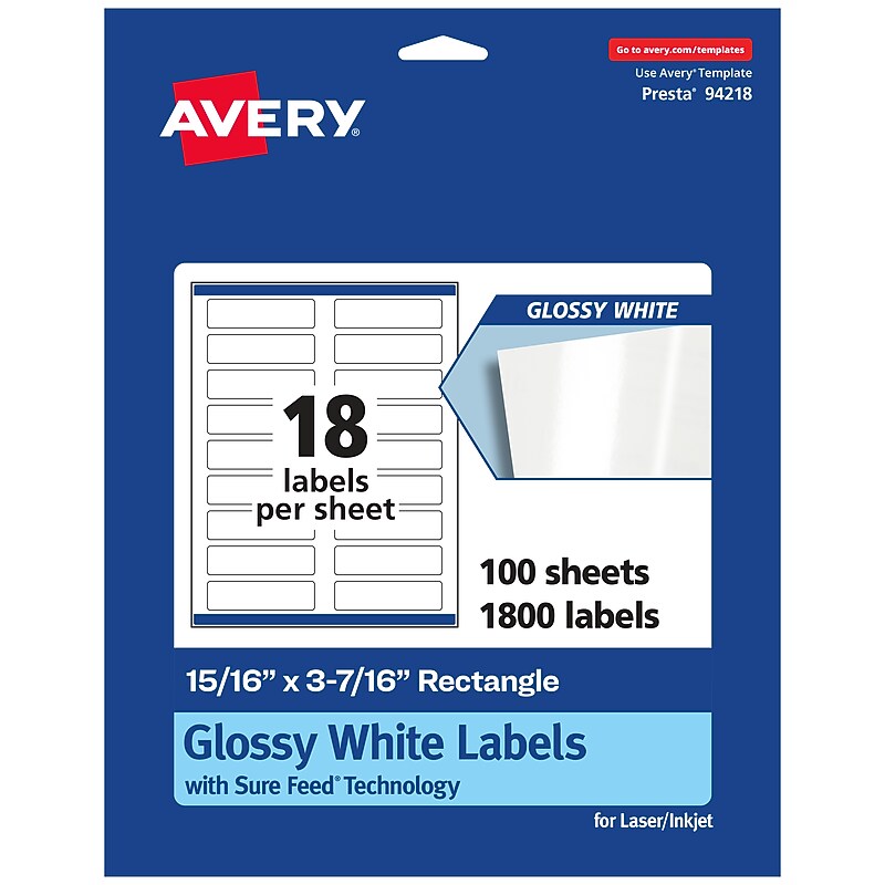 Avery Laser/Inkjet Multipurpose Labels, 3.4375" x ", Glossy White, 1800/Box (94218) image 1