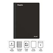 Staples Premium 2-Subject Notebook, 6" x 9.5", College Ruled, 100 Sheets, Black (TR58325)