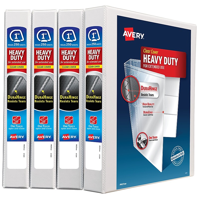 Avery Heavy Duty 1" 3-Ring View Binders, Slant Ring, White, 4/Pack (79780) image 1