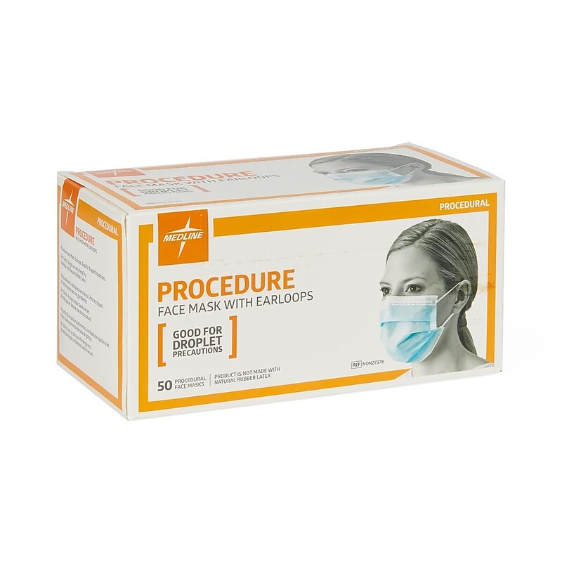 Medline Disposable ASTM Level 1 Procedure Face Masks with Earloops, Blue, 50/Box (NON27378Z) image 1