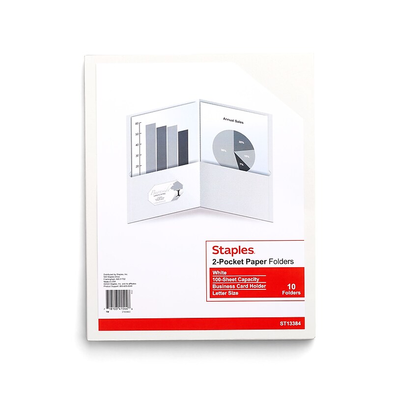 Staples 10% Recycled Smooth 2-Pocket Paper Presentation Folder, White, 10/Pack (13384-CC) image 1