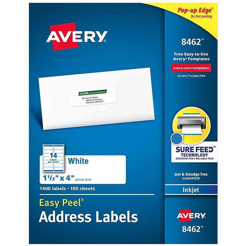 Avery Easy Peel Inkjet Address Labels, 1-1/3" x 4", White, 1,400 Labels/Box (8462) image 1