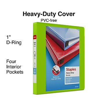 Staples Heavy Duty 1" 3-Ring View Binder with D-Rings and Four Interior Pockets, Chartreuse (ST56319-CC)