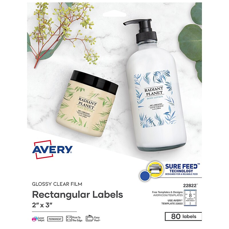 Avery Print-to-the-Edge Laser/Inkjet Rectangle Labels, 2" x 3", Glossy Clear, 80 Labels/Pack (22822) image 1