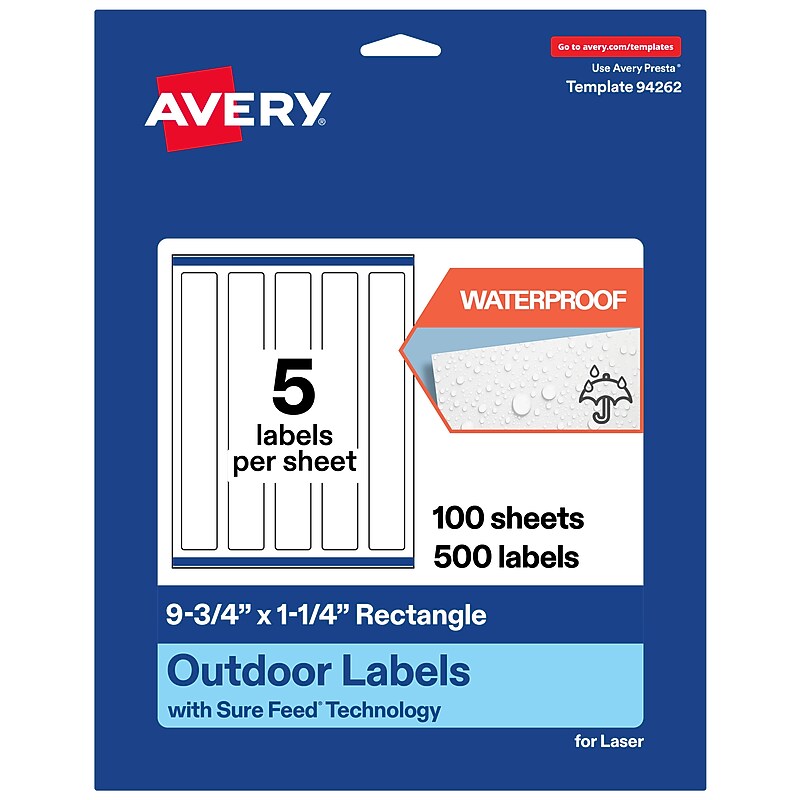 Avery Waterproof Rectangle Laser Multipurpose Labels, 9.75" x 1.25", White, 500/Box (19479399383) image 1