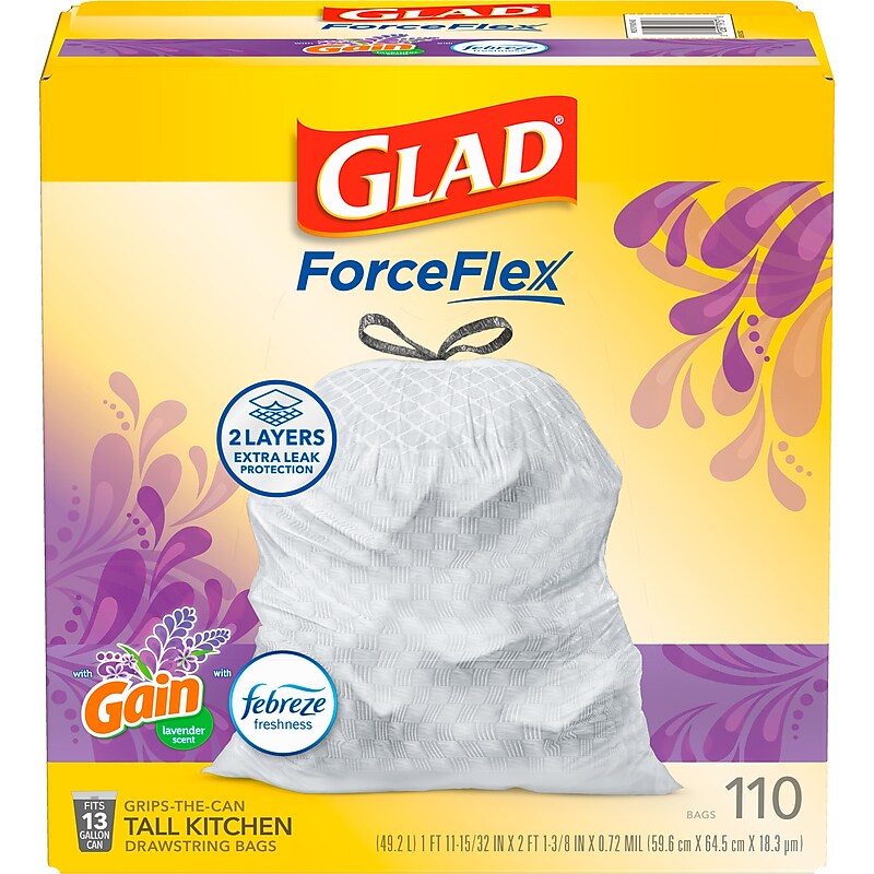 Glad ForceFlex Tall Kitchen Drawstring Trash Bags, 13 Gallon, Gain Lavender with Febreze Freshness, 110 Count (79157) image 1