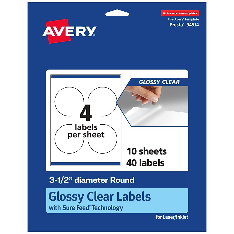 Avery Laser/Inkjet Round Multipurpose Labels, 3.5" Dia., Clear, 40 Labels/Pack (94514) image 1