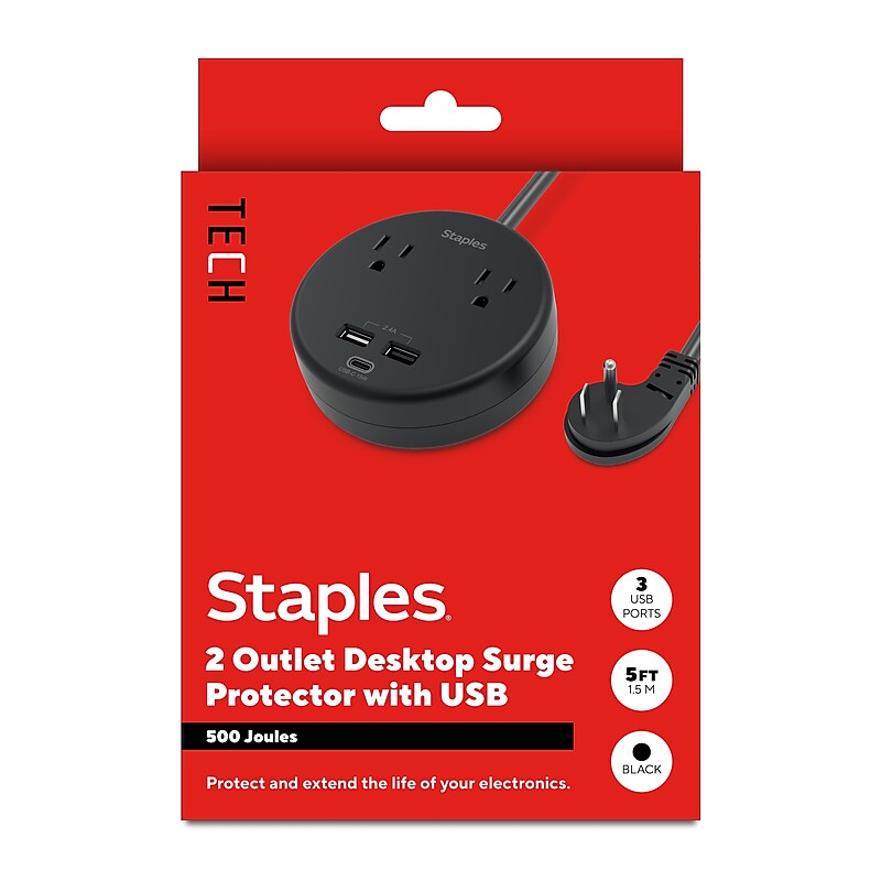 Staples TECH 2-Outlet 3-USB Port Surge Protector, 5', 500 Joules, Black (ST62772) image 1