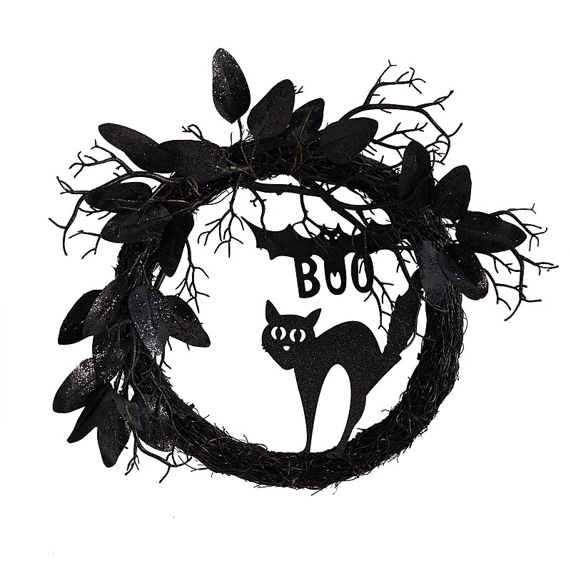 Nearly Natural Halloween Black Cat and Bat Boo Twig Wreath, 22" (W1207) image 1