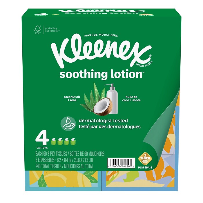 Kleenex Lotion Facial Tissue, 3-Ply, 60 Sheets/Box, 4 Boxes/Pack
