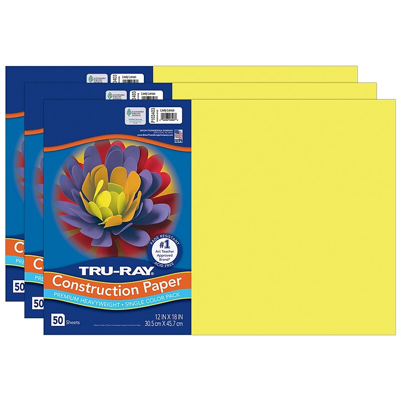 Tru-Ray 12" x 18" Construction Paper, Lively Lemon, 50 Sheets/Pack, 3 Packs/Bundle (PAC103403-3) image 1