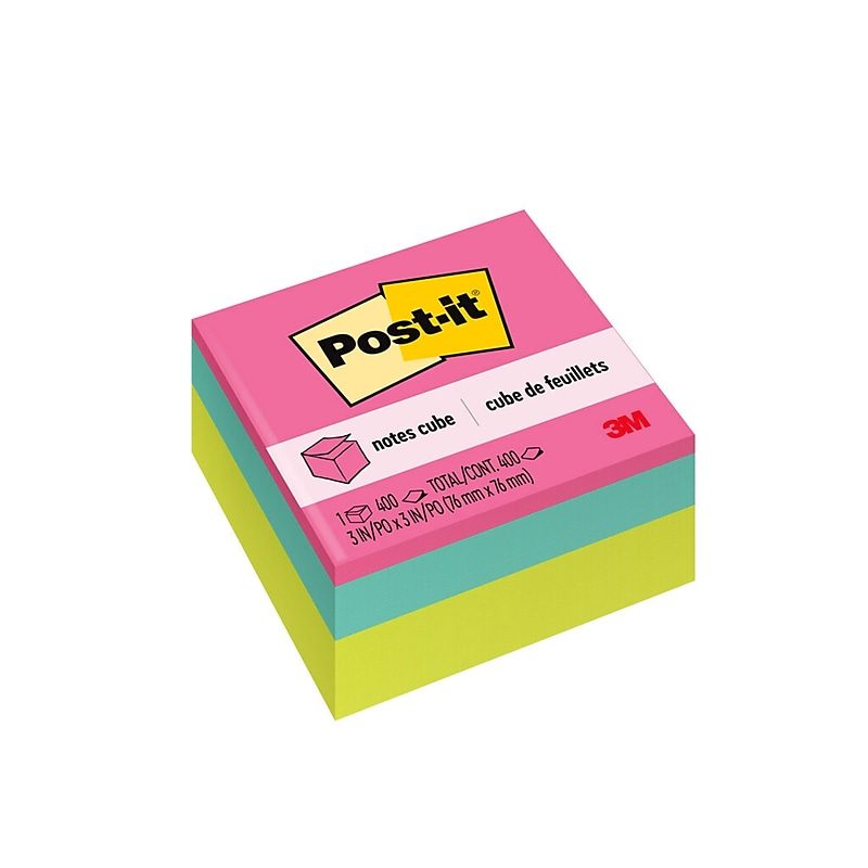 Post-it Cube Sticky Notes, 3" x 3", Assorted Brights, 400 Sheets/Cube (2027-BRT) image 1