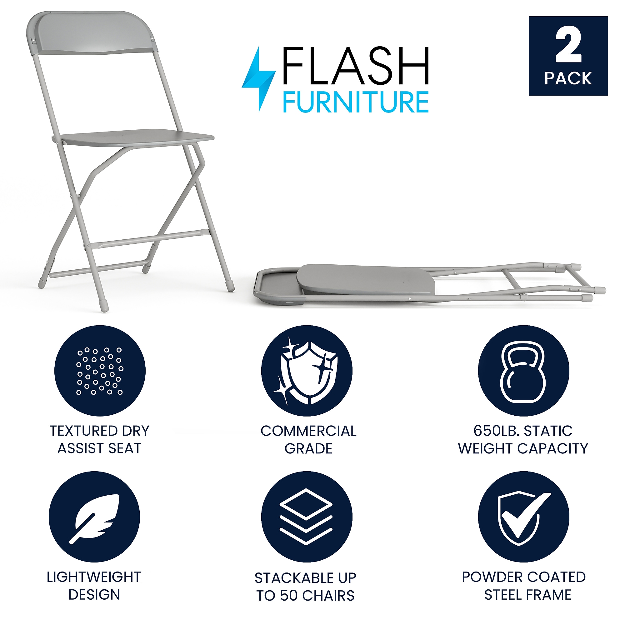 Flash Furniture HERCULES Plastic Folding Chair, Gray, 2/Pack (2LEL3GREY) Sansujyuku sansujyuku.com