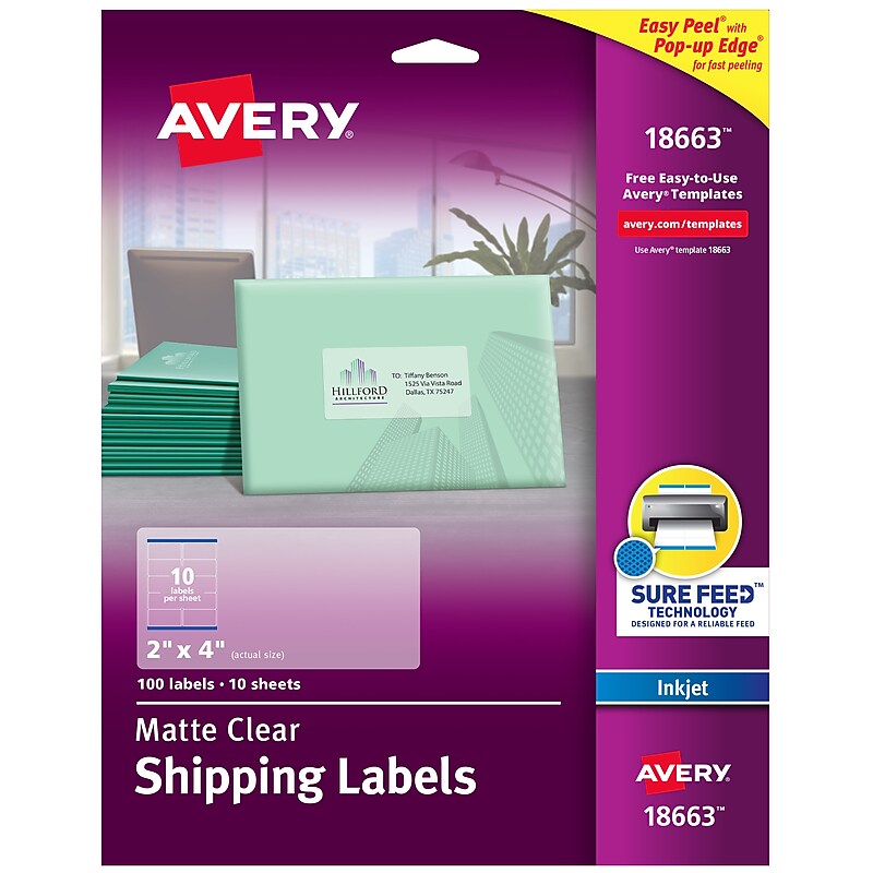Avery Sure Feed Inkjet Shipping Labels, 2" x 4", Clear, 10 Labels/Sheet, 100 Labels/Pack (18663) image 1