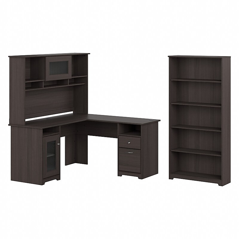 Bush Furniture Cabot 60"W L Shaped Computer Desk with Hutch and 5 Shelf Bookcase, Heather Gray (CAB011HRG) image 1