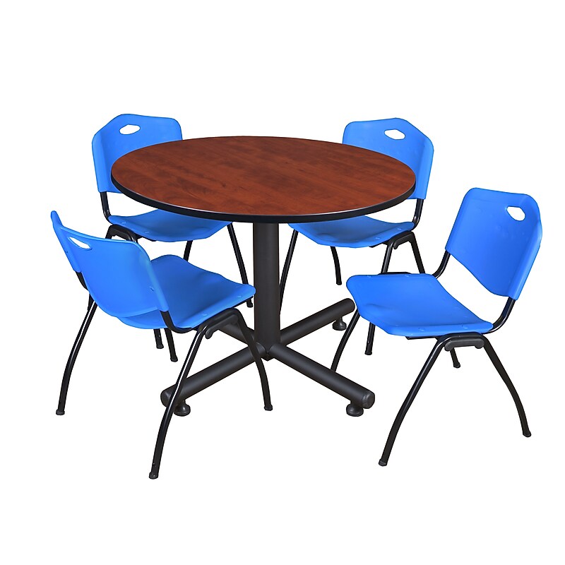 Regency 48" Round Table Cherry & Kobe Base with 4-M Stacker Chairs, Blue TKB48RNDCH47BE) image 1