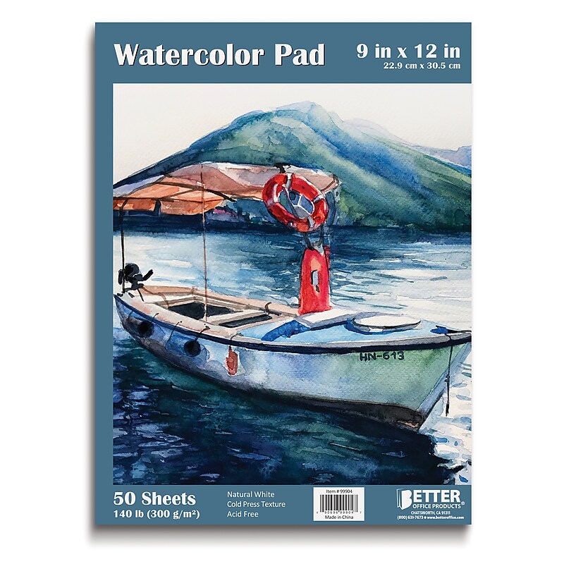 Better Office 9" x 12" Tape Bound Watercolor Sketch Pad, 50 Sheets/Pad (01320) image 1