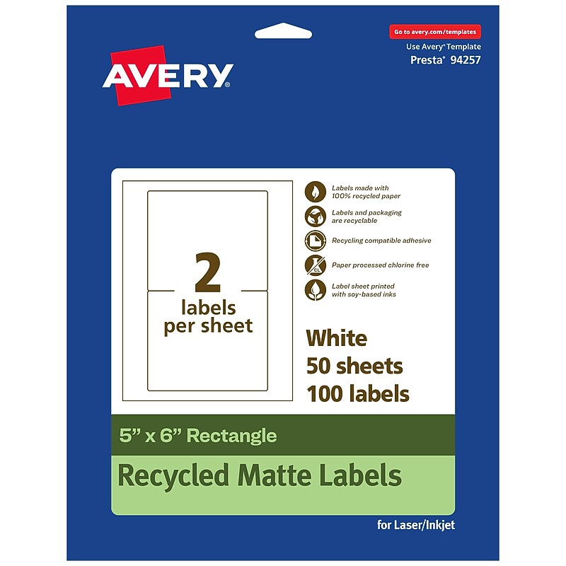 Avery EcoFriendly Laser/Inkjet Rectangle Multipurpose Labels, 5" x 6", White, 100/Box (94257) image 1