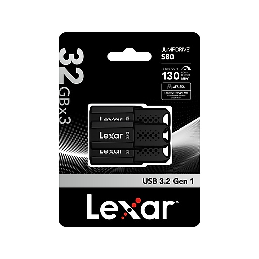 Lexar JumpDrive S80 32GB USB 3.2 Type-A Flash Drive, Black, 3/Pack