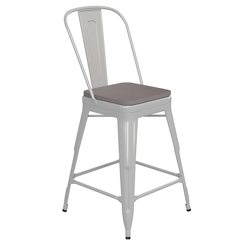 Flash Furniture Kai Indoor-Outdoor Counter Height Stool with Removable Back, White with Gray Seat (CH3132024GBWP2G) image 1