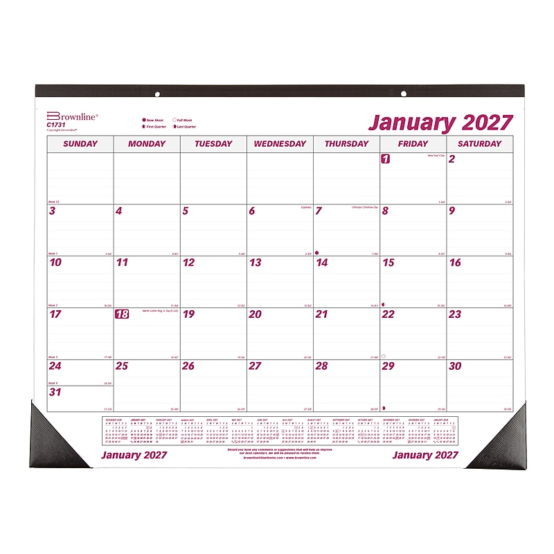 2027 Brownline Classic 22" x 17" Monthly Desk Pad Calendar, White/Burgundy (C1731-27) image 1