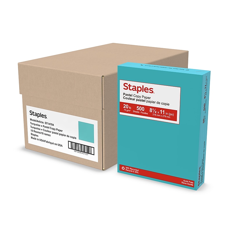 Staples Pastel 30% Recycled Color Copy Paper, 20 lbs., 8.5" x 11", Turquoise, 500 Sheets/Ream, 10 Reams/Carton (4141) image 1